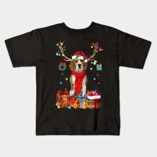 Beagle Reindeer Santa Christmas Color Lights Kids T-Shirt